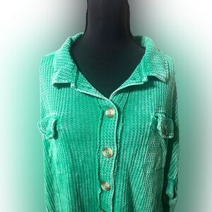 Zenana Green Button-Up Waffle Knit Shirt‎ Size L/XL